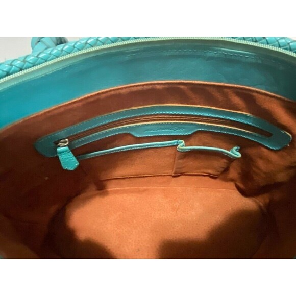 Alexandro Yeo Mexican Leather Tooled Embossed Turquoise Tote Braided Handle - Picture 8 of 16